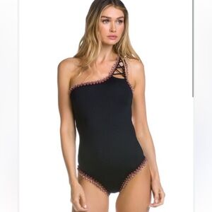 Becca Mardi Gras one piece Lace up Black bathing suit Knitted Detail Size Small